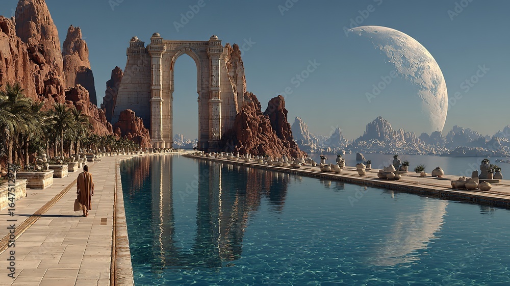 Naklejka premium A still photo of an ancient Egyptian alien planet with water and a large moon hanging in the sky