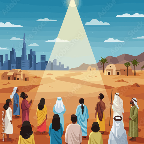 A group of people in traditional Middle Eastern clothing standing in a desert under a divine light beam from the sky.