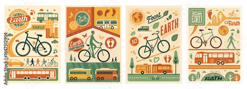 Illustrative design showcasing eco-friendly transportation options like bicycles and public transit in vibrant colors.