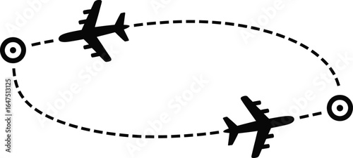 Airplane travel route flight destination journey trip transport aviation tourism travel icon vector design silhouette
