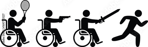 Wheelchair tennis gun sword running disability sport athlete handicap competition game action silhouette