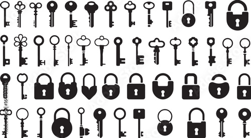 Collection of Keys and Locks in Black and White