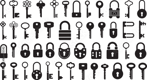 Collection of Keys and Locks in Black and White