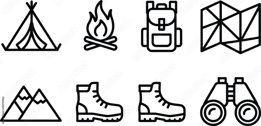 Fototapeta premium Camping Gear Outline Icons Tent, Fire, Backpack, Map, Mountains, Boots, Binoculars