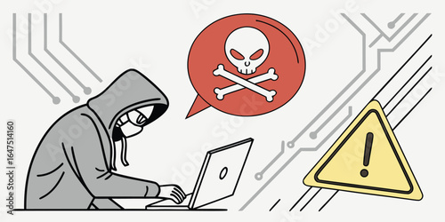 Illustration of a hacker using a computer, representing cybersecurity threats and data breaches
