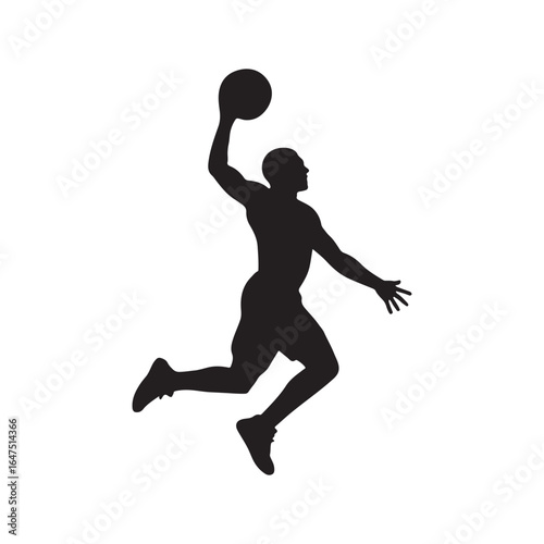 Basketball player silhouette in dynamic jump dunking pose against white background sports concept.