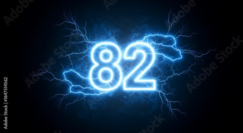 Electric Number 82 Neon Sign with Blue Lightning Effects in Dark Background