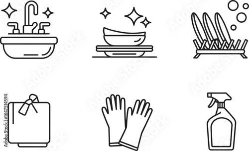 Cleaning Tools Icon Set with Sink, Dishes, Spray, Gloves on Transparent Background