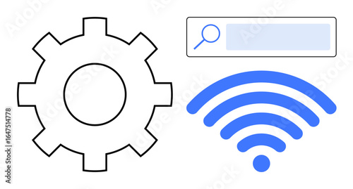 Gear symbol, blue wireless signal, and search bar for technology, internet, networking, system optimization, data access, connectivity, ideal for a simple landing page