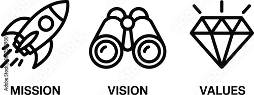 Mission vision values rocket binoculars diamond strategy purpose goals direction principles aim target silhouette