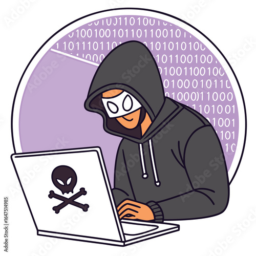 Hacker with laptop and skull symbol cybercrime concept