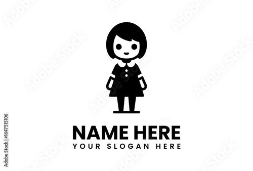 Stylized Girl Icon with Bob Haircut and Buttoned Dress in Black Silhouette.