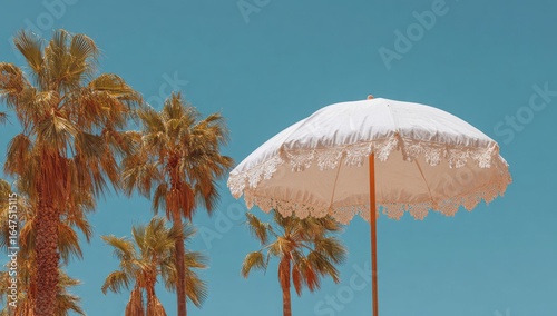 Palm trees and a white beach umbrella