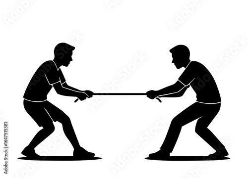 A black-and-white silhouette of two men engaged in a tug of war, symbolizing competition, strength, teamwork, rivalry, and traditional games.