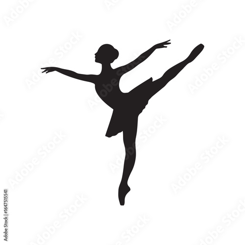 Elegant ballet dancer silhouette performing an arabesque on a white background in graceful pose.