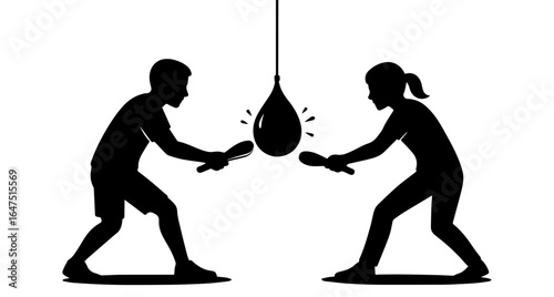 A black-and-white silhouette of a man and a woman in a competition to hit a hanging balloon with a tool, symbolizing fun, games, and traditional contests.