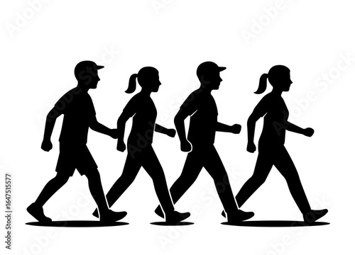 A black-and-white silhouette illustration of a group of four people walking together in a line, representing exercise, team walking, and a healthy lifestyle.