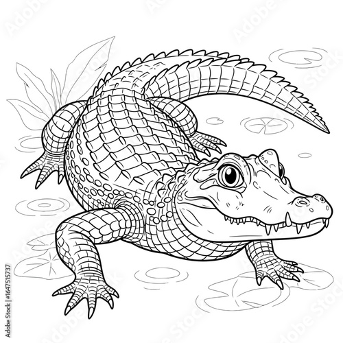 Alligator Illustration: A detailed monochrome illustration of a formidable alligator poised amongst water plants, meticulously crafted to emphasize texture and scale.
