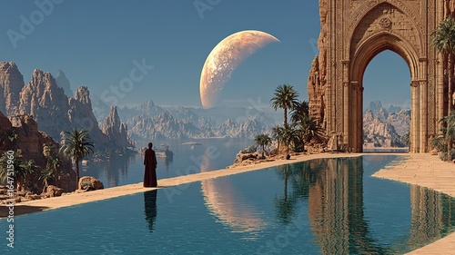 A still photo of an ancient Egyptian alien planet with water and a large moon hanging in the sky 