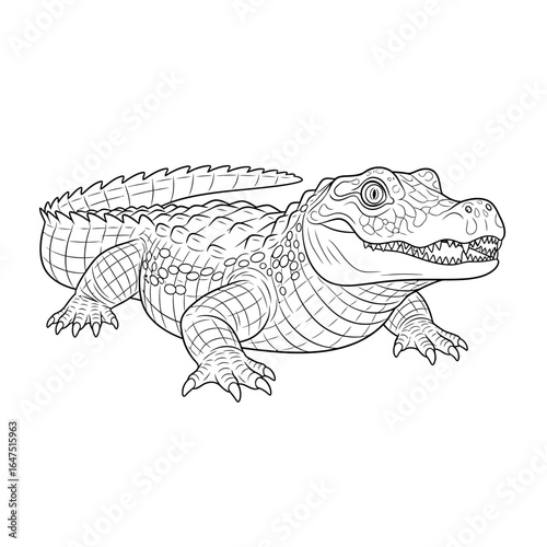 Crocodile Illustration: An detailed artistic depiction of a formidable crocodile, rendered in a black and white artistic outline. This illustration highlights intricate details and textures.