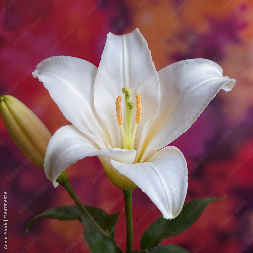 Fototapeta premium Close-up of a pure white lily in bloom with a soft-focus bud beside it, set against a vibrant red, orange, and purple bokeh background – AI Generated Digital Art.