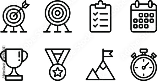 Goal Achievement Icon Set Target, Clipboard, Calendar, Trophy, Medal, Mountain, Timer