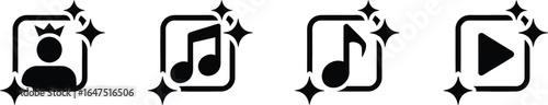 Black icons music play user profile crown square sparkling design vector illustration graphic 100 char silhouette