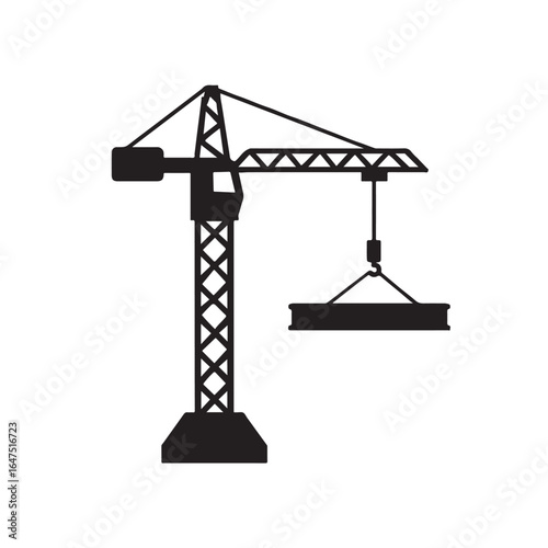 Silhouette of a Construction Crane Lifting a Load with Precise Detailing on a White Background.