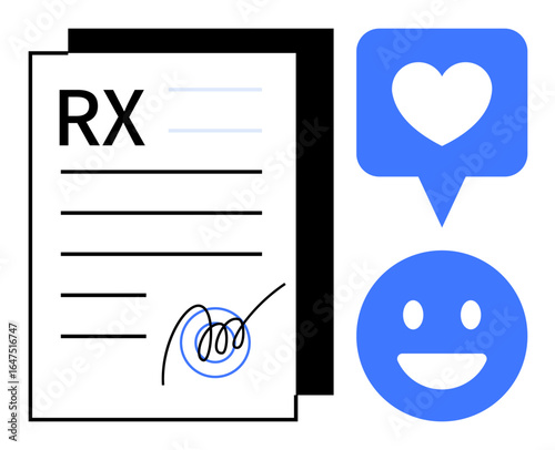 RX document with signature, smiling emotion, heart in speech bubble. Ideal for healthcare, prescriptions, feedback, approvals, positivity communication pharmacy. Perfect for simple landing page
