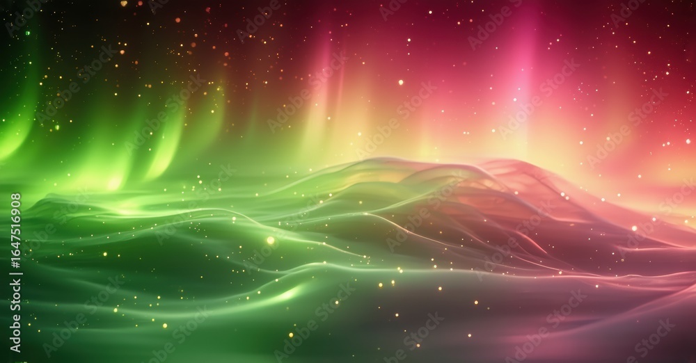Obraz premium Abstract landscape. Vibrant green, pink hues blend. Flowing waves, sparkling stars create ethereal scene. Dramatic lighting, dark background.