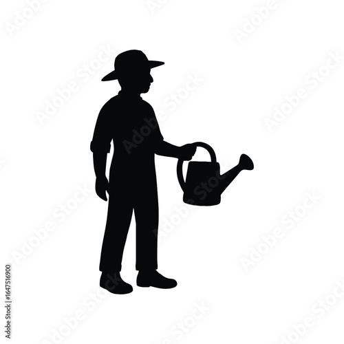 Silhouette of a gardener with watering can on a white background for design elements.