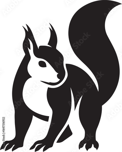 Squirrel drawing stylized black and white design, Black and white squirrel animal illustration