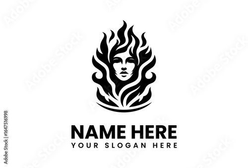 Stylized Womans Face with Flowing Hair Resembling Flames in Black Silhouette 1.