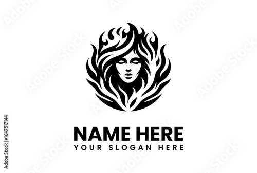 Stylized Womans Face with Flowing Hair and Flamelike Accents in Black.