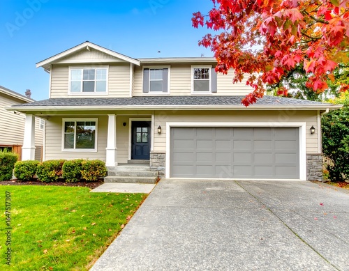 A classic two-story suburban home with tan siding and a grey roof, featuring a two-car garage and a walkway leading to the front door.