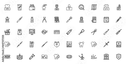 Dentist icon set. Dental care vector collection. Includes molar, false teeth, dentist, braces, toothbrush, syringe, X-ray, dental floss, and more. Editable linear icons.