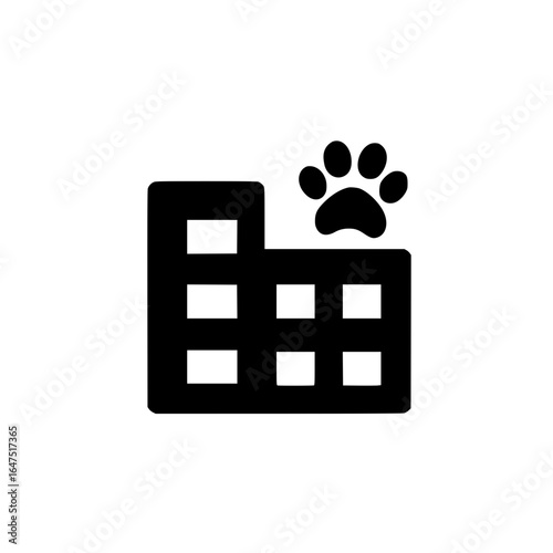 Pet care building with tiny paw print graphic used for animal hospital shelter or clinic logos
