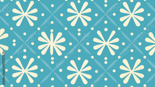 Repeating pattern of stylized flowers with dots and diagonal lines on a blue background design element