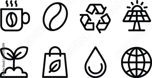 Icons Set Line Art Coffee Cup, Bean, Recycle, Solar Panel, Sprout, Bag, Water, Globe
