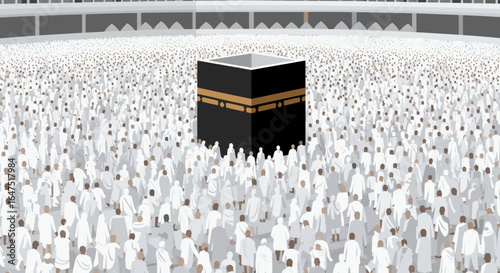 A detailed artistic illustration of the Kaaba at the center, surrounded by pilgrims and various mosque structures, representing the holy city of Mecca.