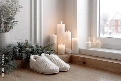 Cozy winter scene with warm candles and soft slippers by the window