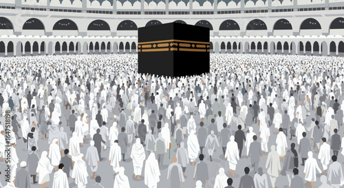 A detailed artistic illustration of the Kaaba at the center, surrounded by pilgrims and various mosque structures, representing the holy city of Mecca.