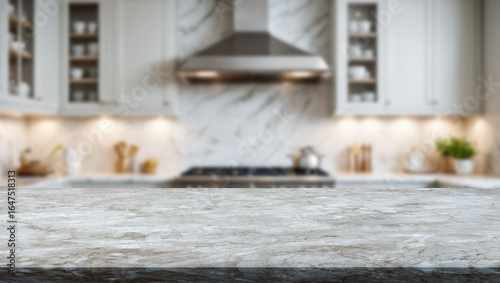 Tableau sur toile Elegant marble kitchen counter with modern appliances and warm lighting in a sty