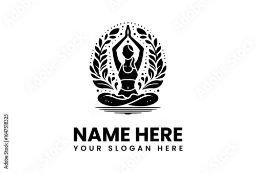 Stylized Yoga Silhouette in Lotus Pose with Floral and Dot Ornamentation.