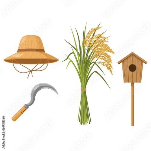 Illustration of farming tools, harvested rice, and a birdhouse, on white background.