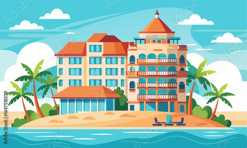 Download  Hotel On The Beach, Vector Illustration Eps File For Design.