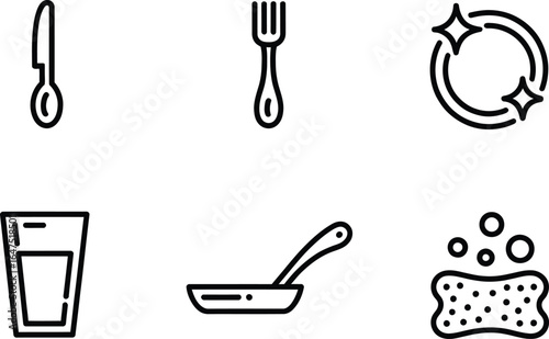 Kitchen Utensils Icons Cutlery, Glass, Pan, Sparkle and Sponge isolated on White