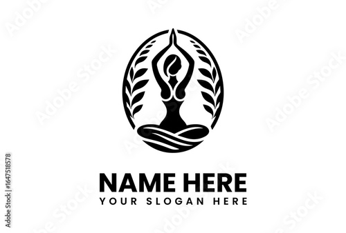 Stylized Yoga Silhouette in Lotus Position with Hands Raised Framed by Olive Branches.