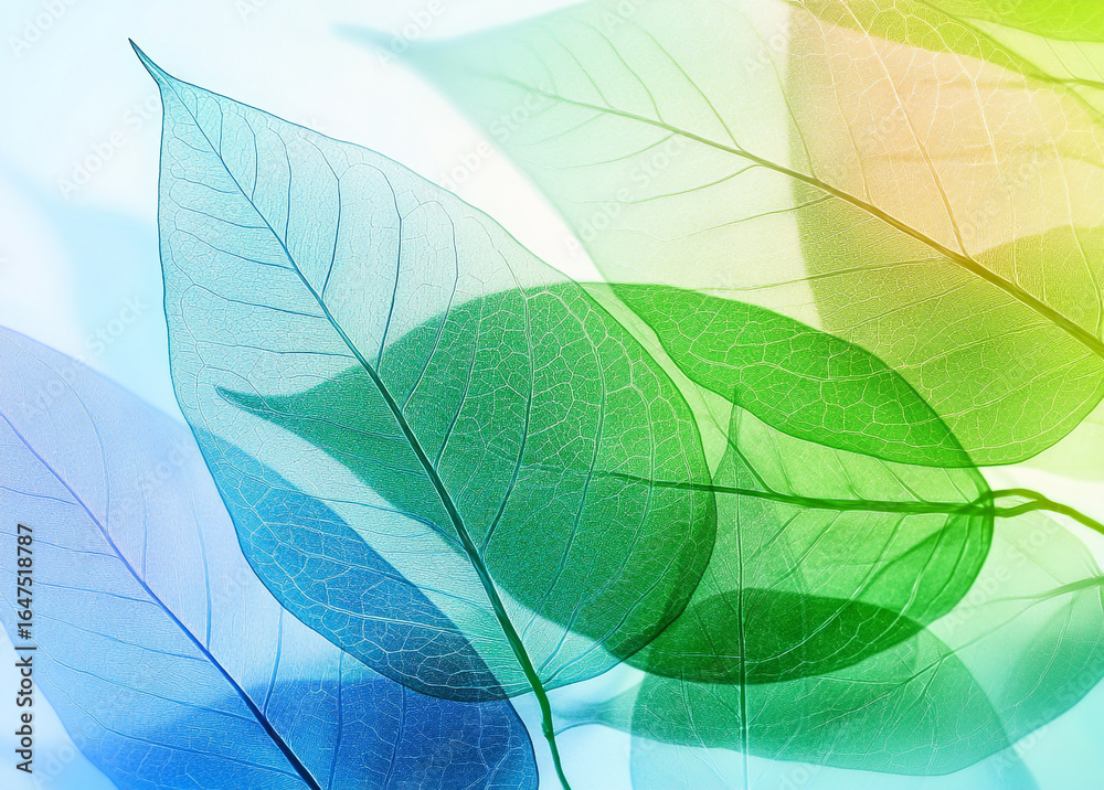Obraz premium A detailed close-up of translucent leaves, with their intricate veins glowing with vibrant green, yellow, and blue light. The image highlights nature's delicate patterns.