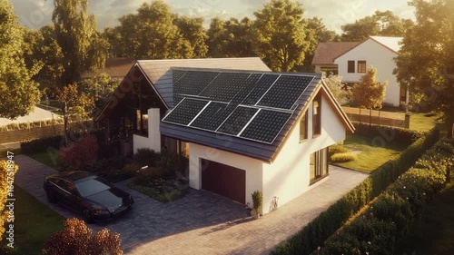 This modern two-story house features solar panels on the roof, indicative of an eco-friendly living approach. The house is situated in a scenic and peaceful location with ample outdoor space.